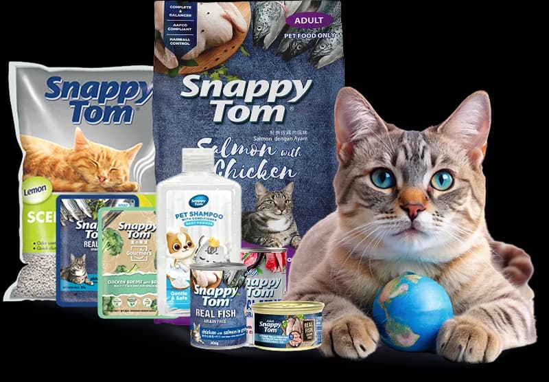 A cat beside a globe, surrounded by the full Snappy Tom product range