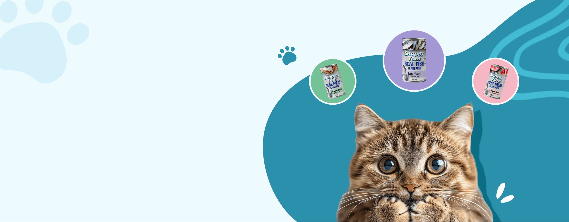 A wide-eyed tabby cat surrounded by Baby Snappy Tom cans