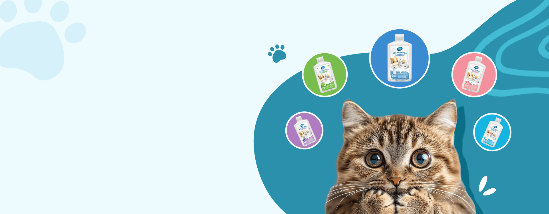 A wide-eyed tabby cat surrounded by Snappy Tom Pet Shampoo With Conditioner cans
