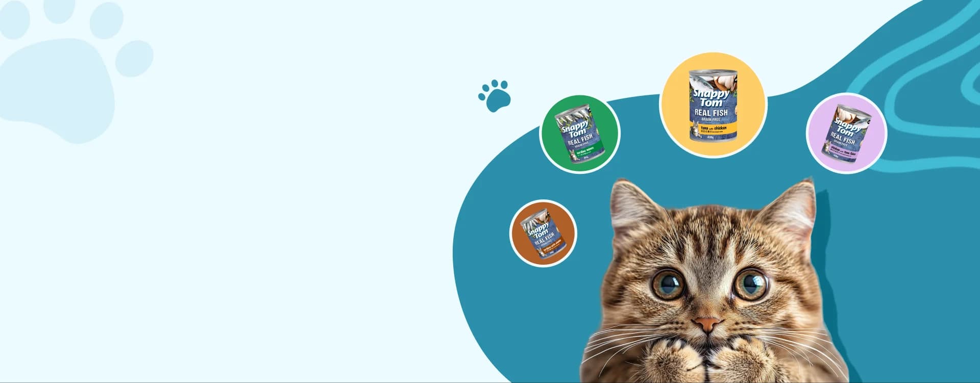 A wide-eyed tabby cat surrounded by Snappy Tom Classic cans