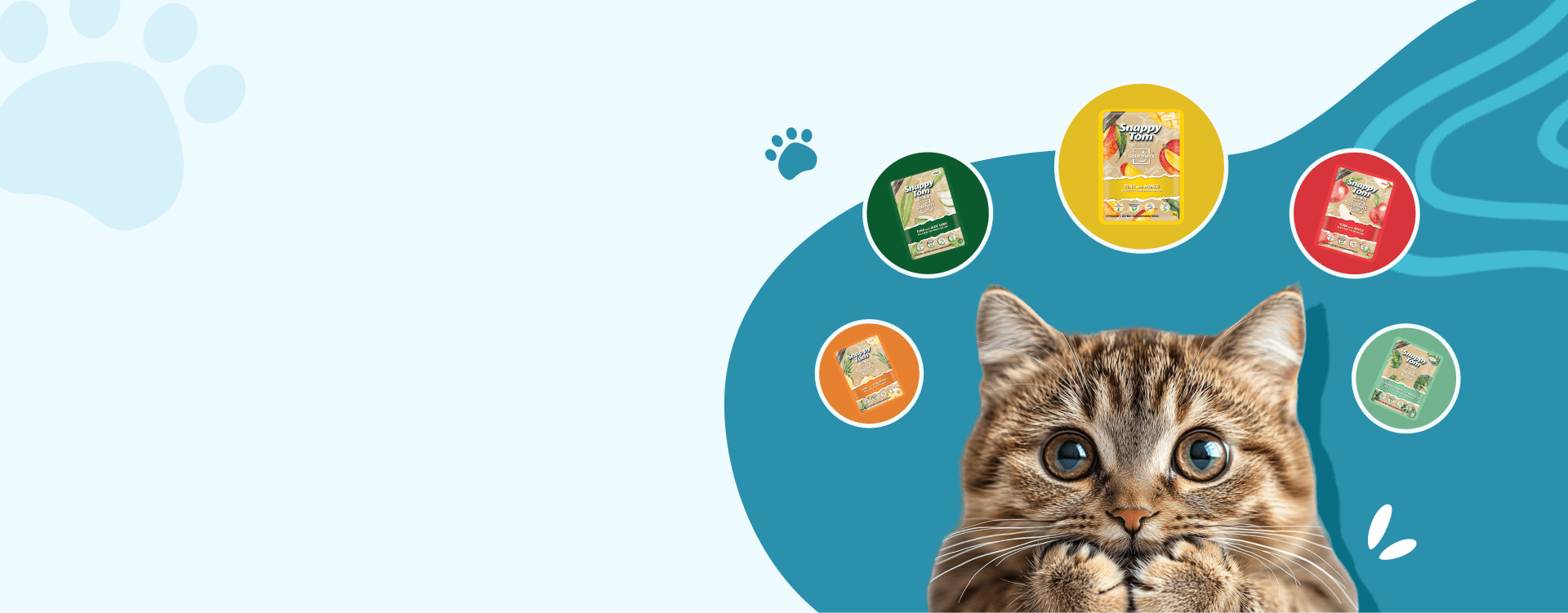 A wide-eyed tabby cat surrounded by Snappy Tom Gourmers Series cans