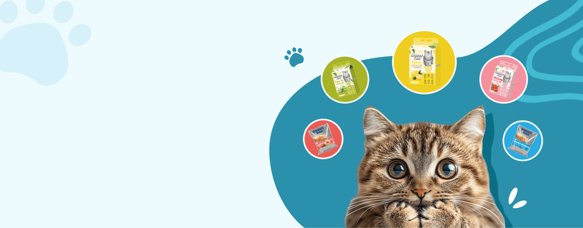 A wide-eyed tabby cat surrounded by Snappy Tom Hygiene cans