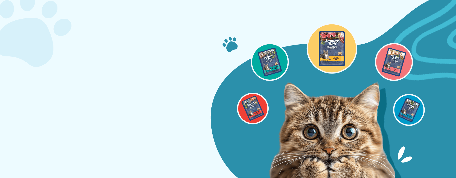 A wide-eyed tabby cat surrounded by Snappy Tom Pouch cans